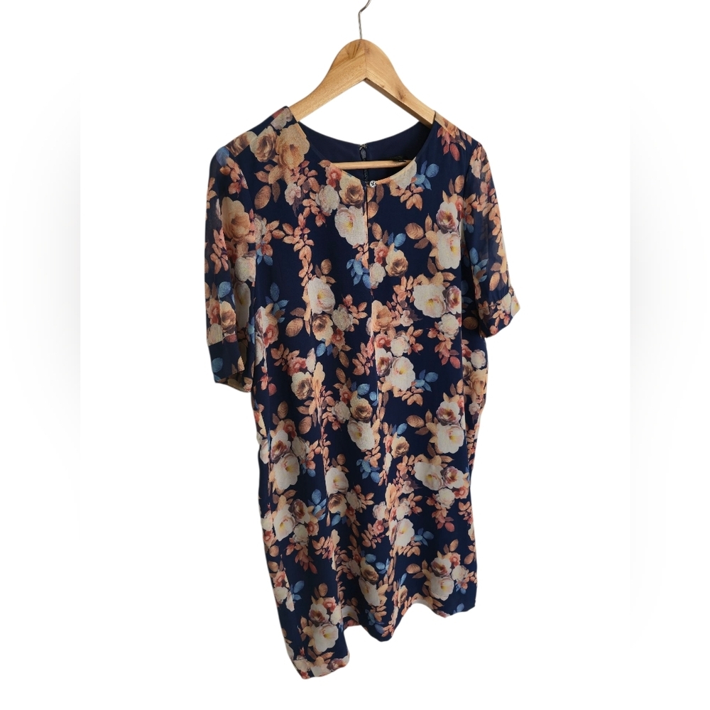 J. Crew 100% Silk Antique Floral Short Sleeve Shift Dress Blue Lined Size 10 - Picture 4 of 15